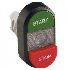 Кнопка двойная MPD15-11С (зел./красн. выступающая) прозрачная линза с текстом 