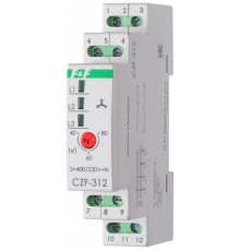 Реле контроля и наличия фаз CZF-312 (монтаж на DIN-рейке 35мм; регулировка порога; без задержки отключения; 3х400/230+N 2х8А 1Z 1R IP20) F and F EA04.001.007