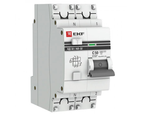 Выключатель автоматический дифференциального тока 1п+N 2мод. C 50А 30мА тип AC 4.5kA АД-32 PROxima EKF DA32-50-30-pro