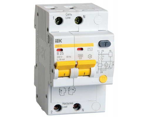Выключатель автоматический дифференциального тока 2п B 25А 30мА тип AC 4.5кА АД-12 IEK MAD10-2-025-B-030