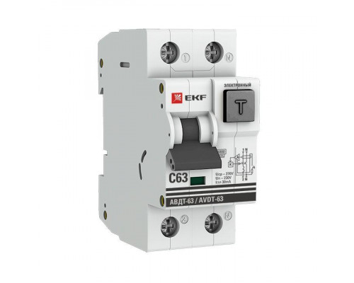 Выключатель автоматический дифференциального тока С 63А 30мА тип А 6кА АВДТ-63 (электрон.) PROxima EKF DA63-63-30e