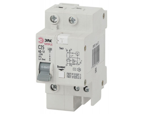 Выключатель автоматический дифференциального тока 1P+N 40А 30мА тип AC SIMPLE-mod-33 х-ка ЭРА Б0039291